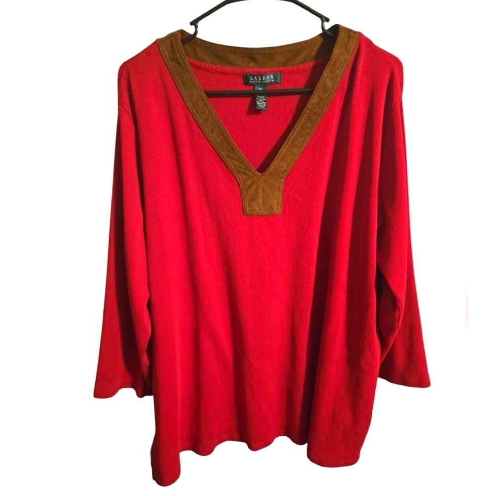 Women's Lauren Ralph Lauren Red Blouse, v-neck, side slits, faux‎ suede trim, 3X
